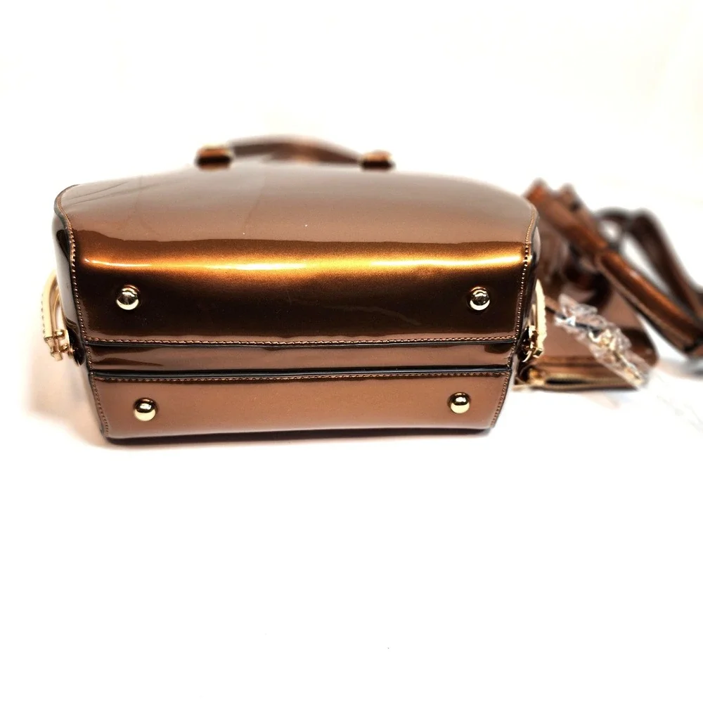Bronze Vegan Patent Leather Rhinestone Dome Satchel Bag with Matching Wallet Set